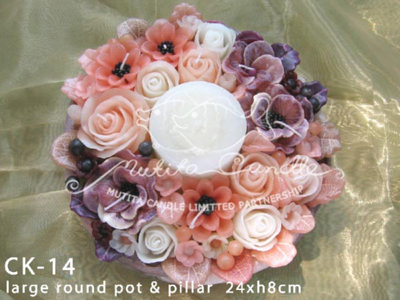 เทียนหอม เดชอุดม : GRAY CREAM KARLUM|WILD FLOWER CANDLES IN SOFT CREAM TONES|CK-14|large round pot & pillar 24 x h8 cm