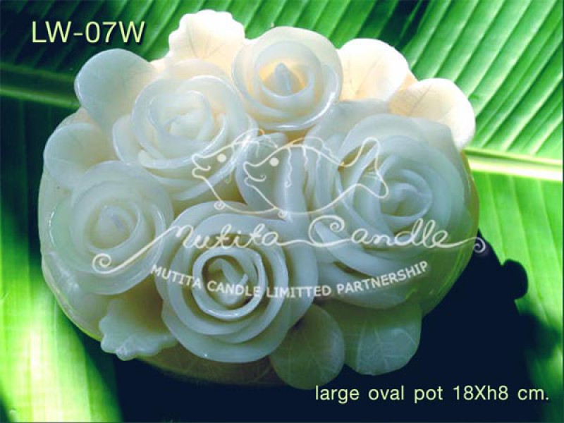 เทียนหอม เดชอุดม :  WHITE COLOUR SET|CLASSIC WHITE ROSES CANDLE ARRANGTMENT
Weddng Candles, best elegant candles for wedding ceremony.|LW-07W|large oval pot 18 x h 8 cm