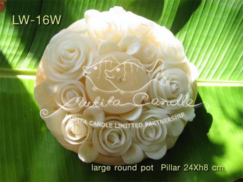 เทียนหอม เดชอุดม :  WHITE COLOUR SET|CLASSIC WHITE ROSES CANDLE ARRANGTMENT
Weddng Candles, best elegant candles for wedding ceremony.|LW-16W|large round pot & pillar 24 x h 8 cm