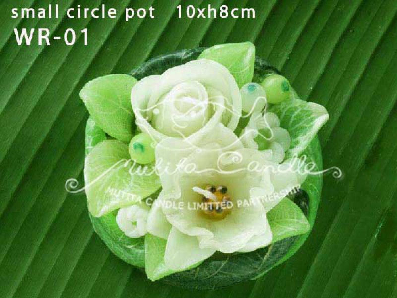เทียนหอม เดชอุดม : WHITE ROSE SET|GREEN AND WHITE ROSES CANDLE BOUQUETS|WR-01|small circle pot 10 x h 8 cm