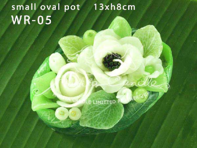 เทียนหอม เดชอุดม : WHITE ROSE SET|GREEN AND WHITE ROSES CANDLE BOUQUETS|WR-05|small oval pot 13 x h 8 cm