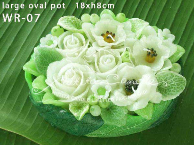 เทียนหอม เดชอุดม : WHITE ROSE SET|GREEN AND WHITE ROSES CANDLE BOUQUETS|WR-07|large oval pot 18 x h 8 cm