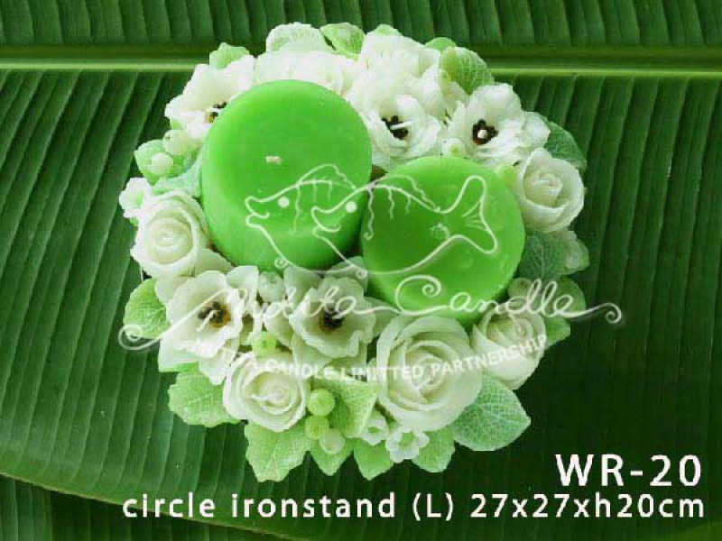 เทียนหอม เดชอุดม : WHITE ROSE SET|GREEN AND WHITE ROSES CANDLE BOUQUETS|WR-20|Circle ironstand (L) 27 x 27 x h20 cm