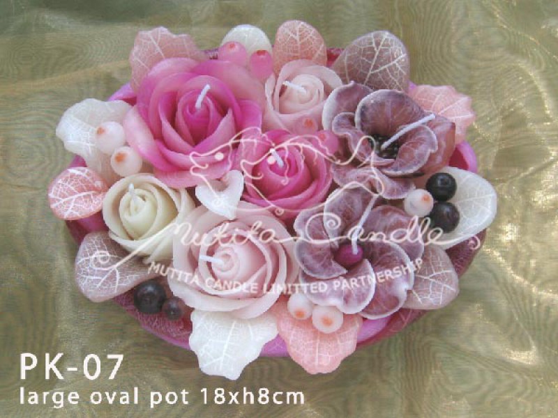 เทียนหอม เดชอุดม :  GRAY PINK KARLUM|WILD FLOWER CANDLES IN PINK TONES|PK-07|large oval pot  18 x h8 cm
