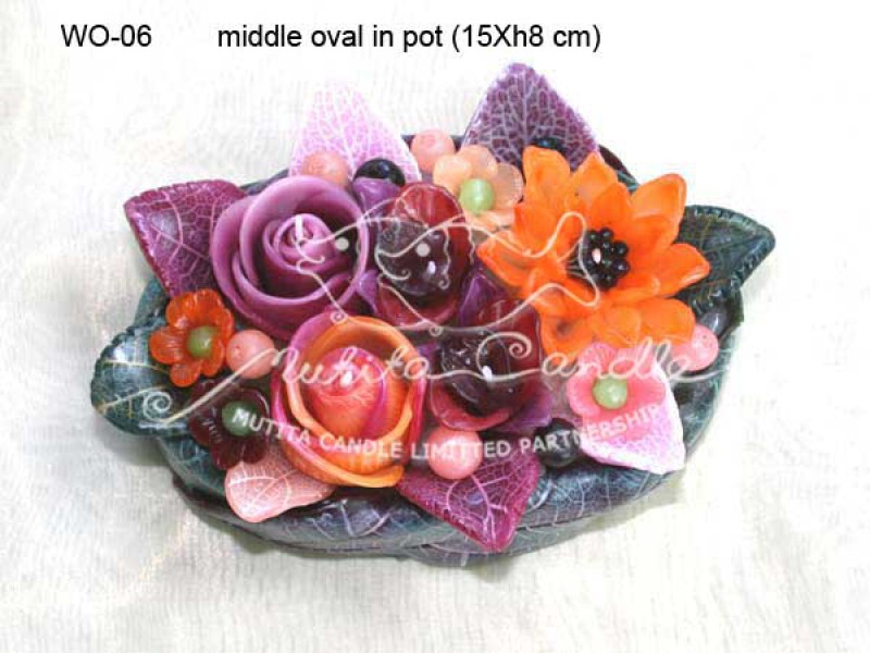 เทียนหอม เดชอุดม :  DARK PURPLE & ORANGE|orienatal flower candles from Thailand for any ocassions
WILD FLOWER CANDLES IN COLOUR RICH TONES|WO-06|middle oval pot 15 x h 8 cm