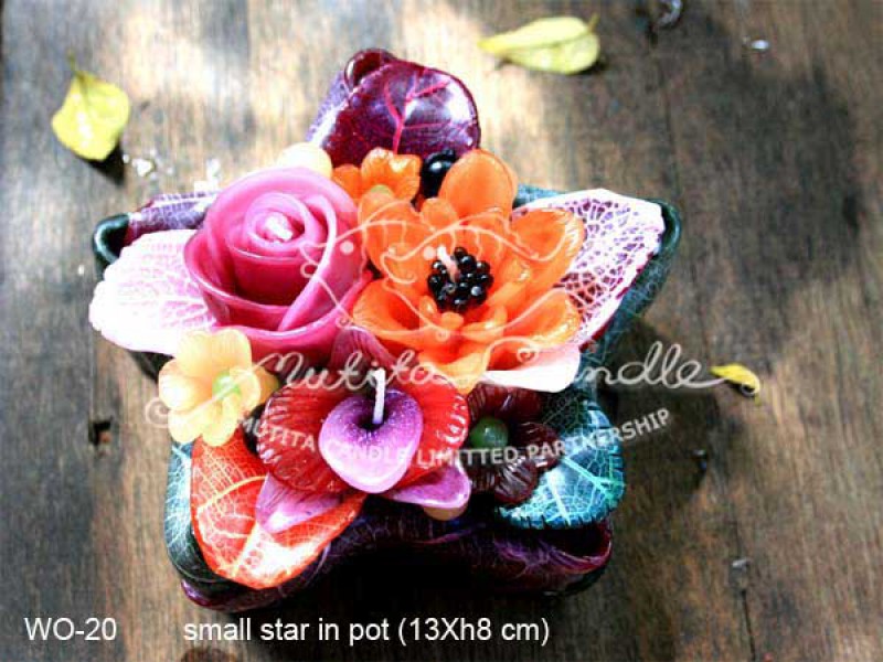เทียนหอม เดชอุดม :  DARK PURPLE & ORANGE|orienatal flower candles from Thailand for any ocassions
WILD FLOWER CANDLES IN COLOUR RICH TONES|WO-20|Small star in pot 13 x h8 cm