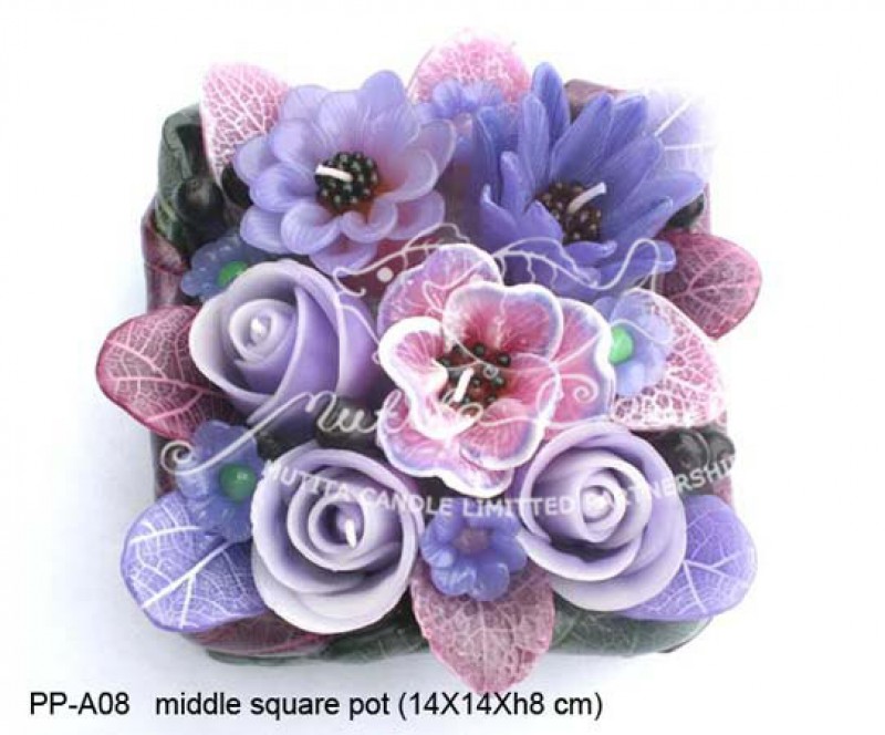 เทียนหอม เดชอุดม :  PINK PURPLE COLOUR A|Flower candles from Thailand for any ocassions
WILD FLOWER CANDLES IN MYSTERIOUS COLOUR|PP-A08|middle square pot 14 x 14 x h 8 cm