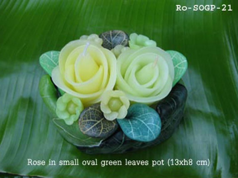 เทียนหอม เดชอุดม : CATALOGUE01|small items of flower candles from Thailand for any ocassions
FLOWER CANDLES COLLECTIONS|Ro-SOGP-21|small oval green leaves pot 13 x h 8 cm