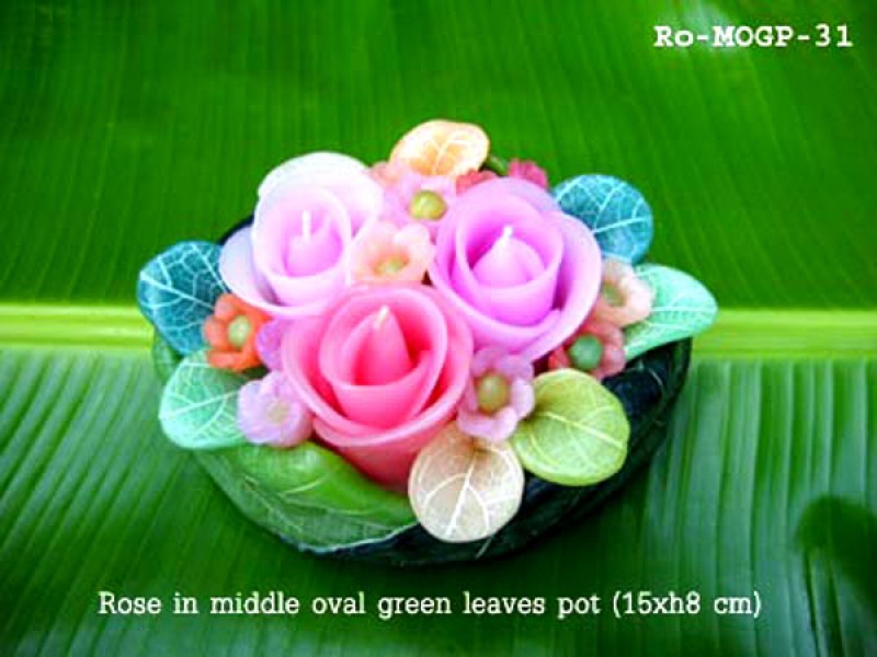 เทียนหอม เดชอุดม : CATALOGUE01|small items of flower candles from Thailand for any ocassions
FLOWER CANDLES COLLECTIONS|Ro-MOGP-31|middle oval green leaves pot 15 x h 8 cm