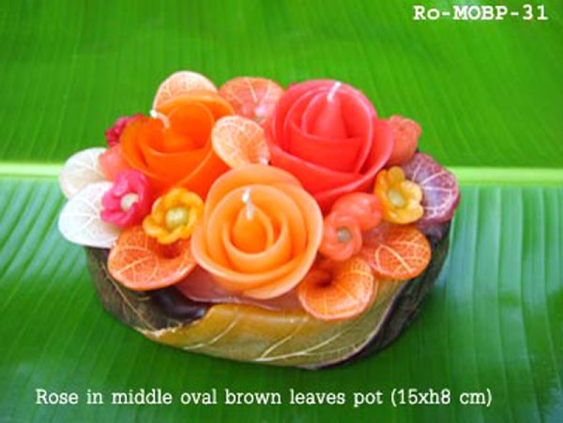 เทียนหอม เดชอุดม : CATALOGUE01|small items of flower candles from Thailand for any ocassions
FLOWER CANDLES COLLECTIONS|Ro-MOBP-31|middle oval brown leaves pot 15 x h 8 cm