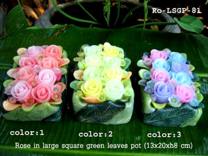 เทียนหอม เดชอุดม : CATALOGUE01|small items of flower candles from Thailand for any ocassions
FLOWER CANDLES COLLECTIONS|Ro-LSGP-81|large square green leaves pot 13 x 20 x h 8 c