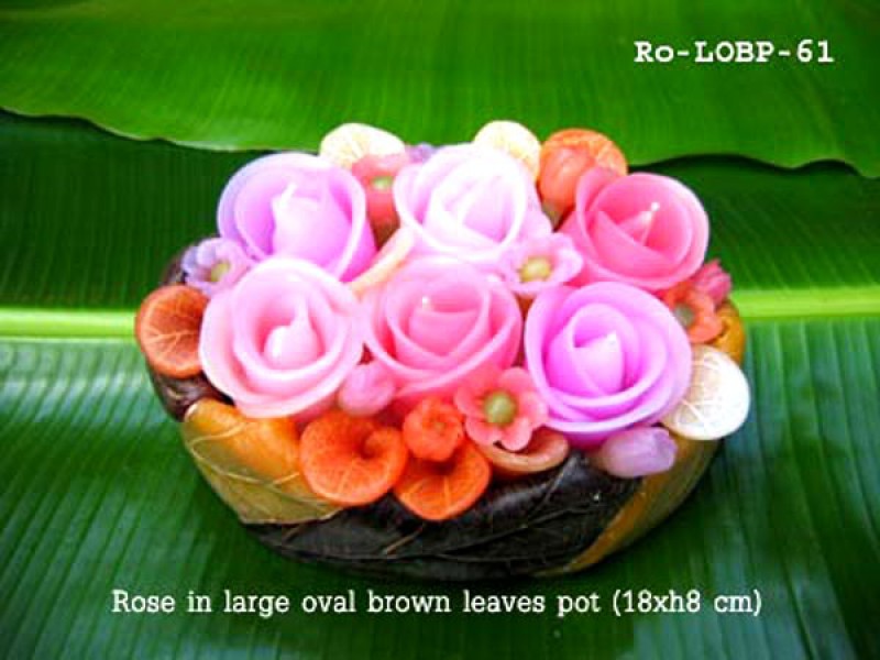 เทียนหอม เดชอุดม : CATALOGUE01|small items of flower candles from Thailand for any ocassions
FLOWER CANDLES COLLECTIONS|Ro-LOBP-61|large oval brown leaves pot 18 x h 8 cm