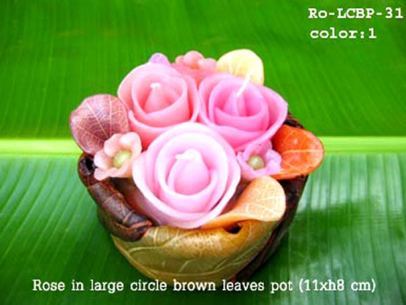เทียนหอม เดชอุดม : CATALOGUE01|small items of flower candles from Thailand for any ocassions
FLOWER CANDLES COLLECTIONS|Ro-LCBP-31|large circle brown leaves pot 11 x h 8 cm