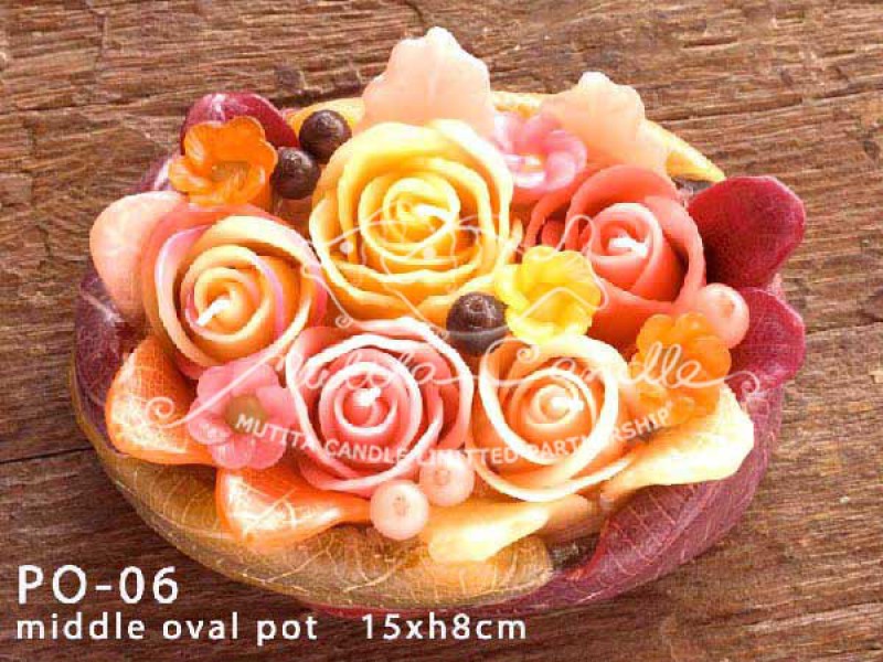 เทียนหอม เดชอุดม : PINK ORANGE ROSES|PASTEL PINK AND ORANGE ROSES CANDLES|PO-06|middle oval pot 15 x h 8 cm