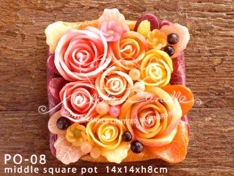 เทียนหอม เดชอุดม : PINK ORANGE ROSES|PASTEL PINK AND ORANGE ROSES CANDLES|PO-08|middle square pot  14 x 14 x h8 cm
