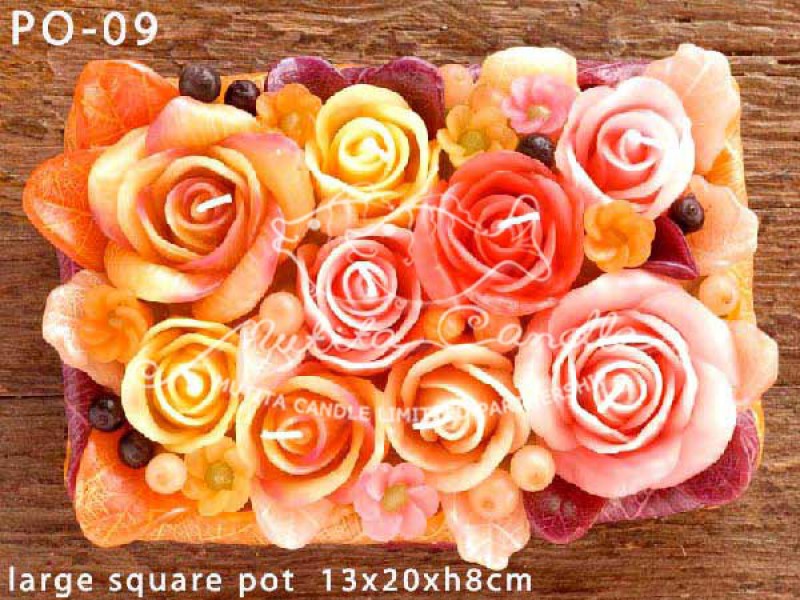 เทียนหอม เดชอุดม : PINK ORANGE ROSES|PASTEL PINK AND ORANGE ROSES CANDLES|PO-09|large square pot 13 x 20 x h 8 cm