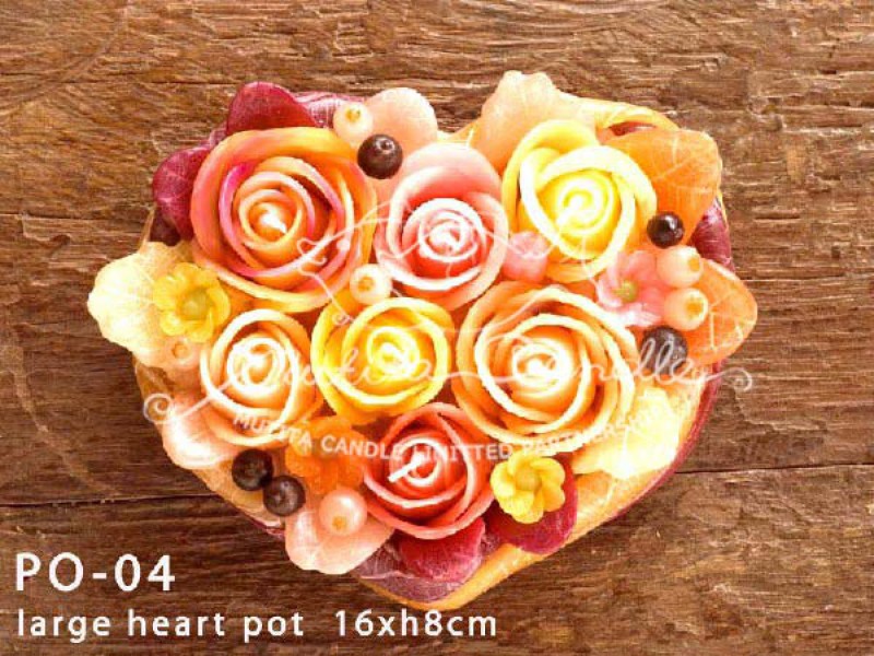 เทียนหอม เดชอุดม : PINK ORANGE ROSES|PASTEL PINK AND ORANGE ROSES CANDLES|PO-04|large heart pot  16 x h8 cm